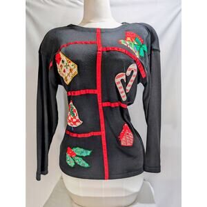 Vintage Chrysantheme Christmas Tunic Sweatshirt Black Holiday Appliqué Size S